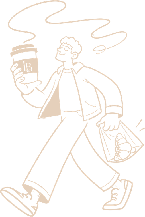 Ilustración de una persona caminando con café y una bolsa de croissant LE BON